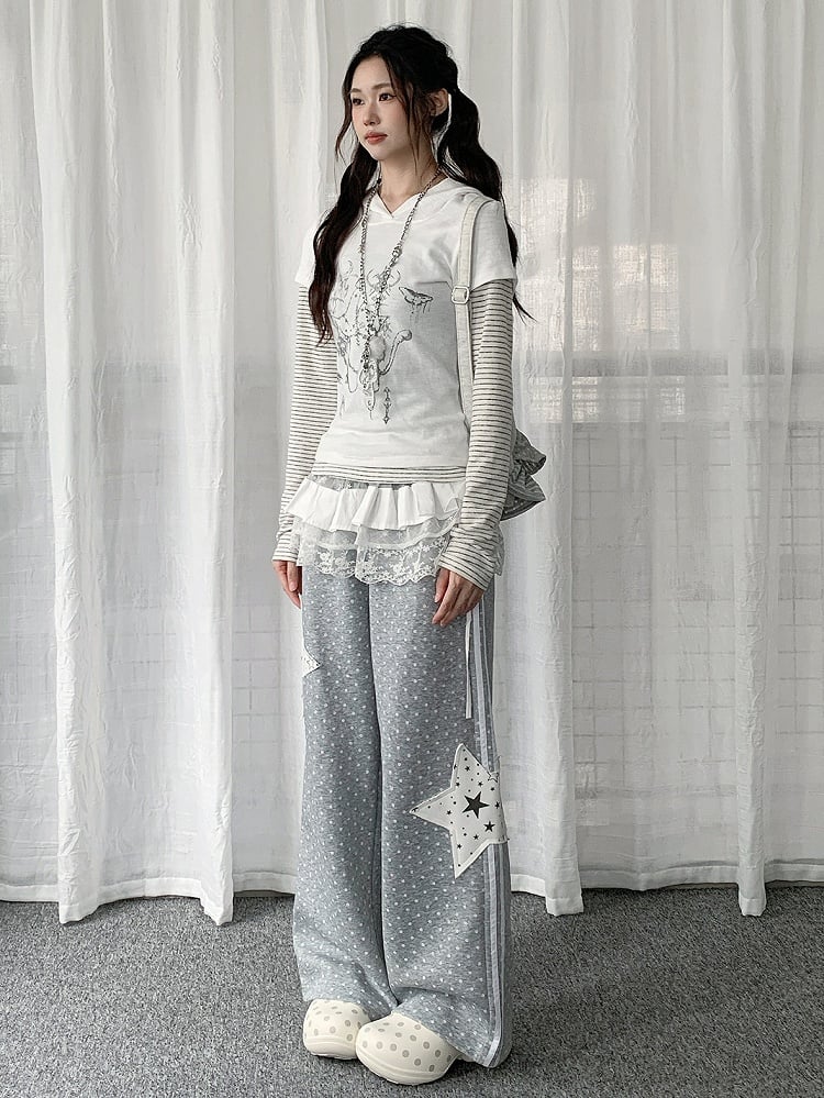 Lace-trimmed Pants Accessory  Polka-dot Grey Star Straight-leg Patchwork with