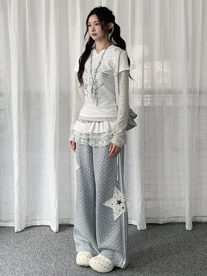 Lace-trimmed Pants Accessory  Polka-dot Grey Star Straight-leg Patchwork with