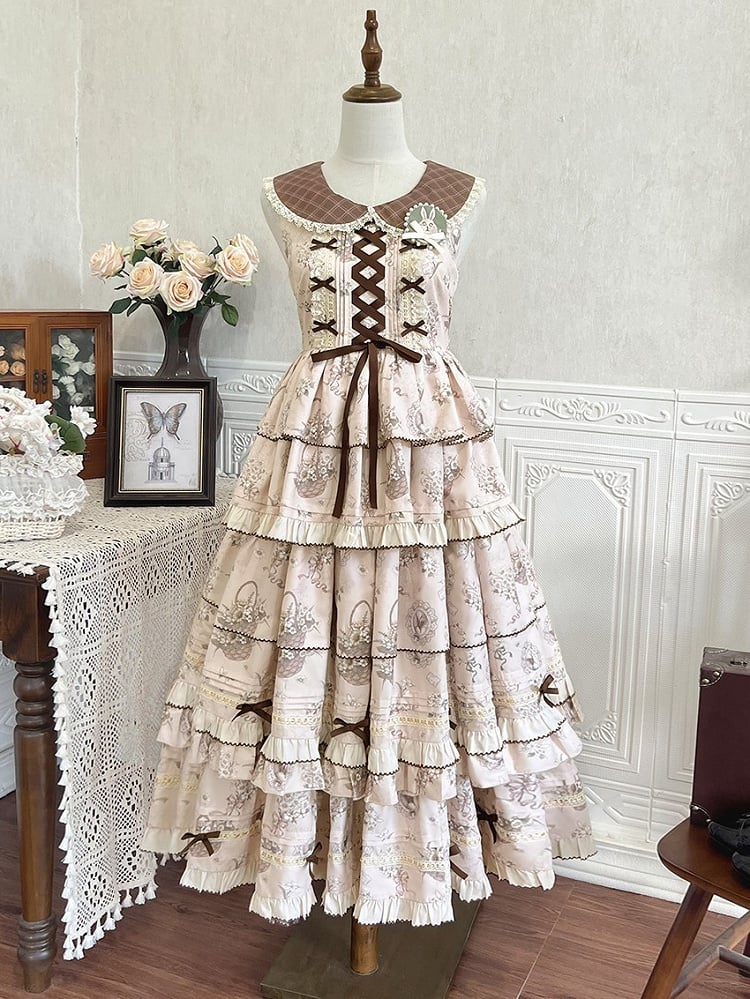 Beige & Brown Floral Print Tiered Ruffles Elegant Classic Lolita Dress with Plaid-Patterned Collar