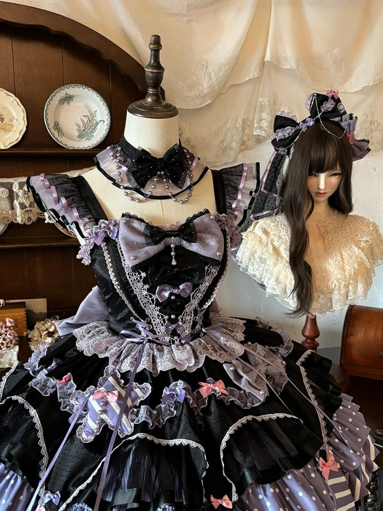 Layered Heart Ribbon Bow Accent Magic Witch Jumper Skirt Dress in Black & Purple - SheepBallad