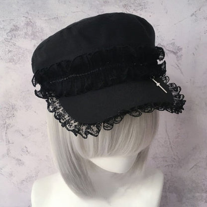 Lace With Black Trim Cross Pendant Beret
