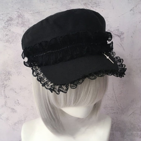 Lace With Black Trim Cross Pendant Beret