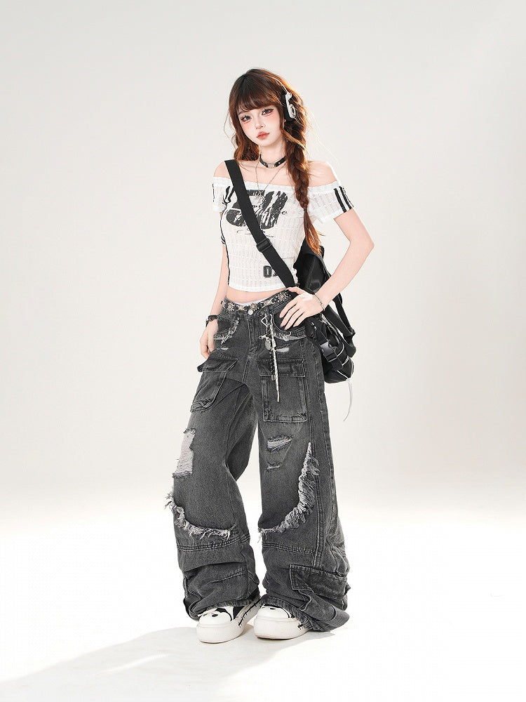 Number Print Slim-fitting Neckline Red/Black Off-the-shoulder