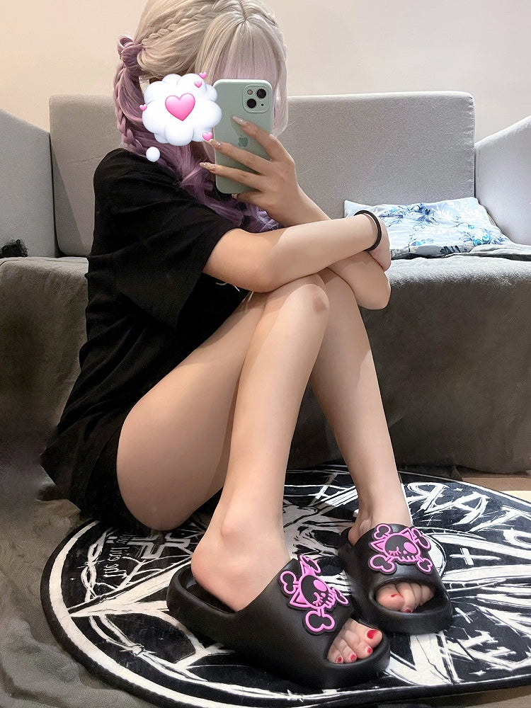 and Summer Black Skeleton Slippers Pink Gothic Applique
