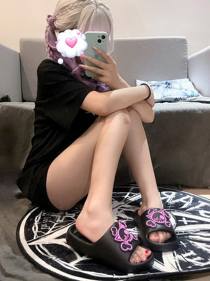 and Summer Black Skeleton Slippers Pink Gothic Applique