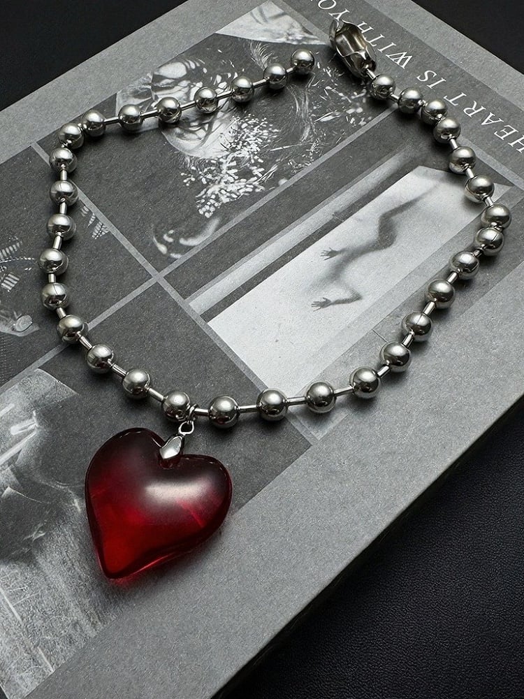 Ruby Heart Pendant Bead Necklace - YSHXS