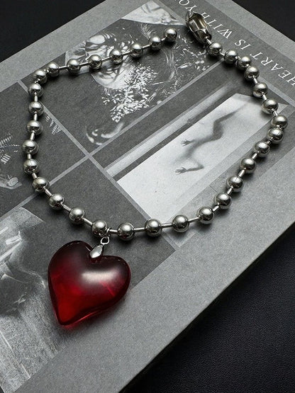 Ruby Heart Pendant Bead Necklace - YSHXS