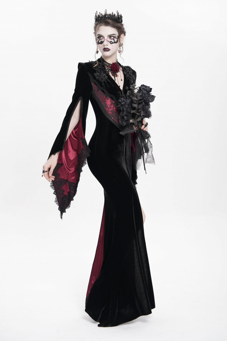 Black and Red V-Neck Long Trumpet Sleeves Floral Embroidered Velvet Gothic Dress