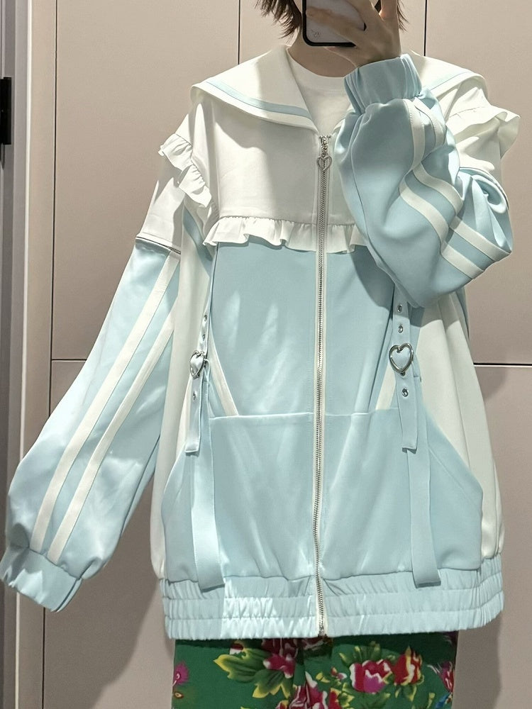 Sweatshirt mit Reißverschluss und Kragen, weißgrün, Kei-Verschluss, Jirai-Jacke, Matrose