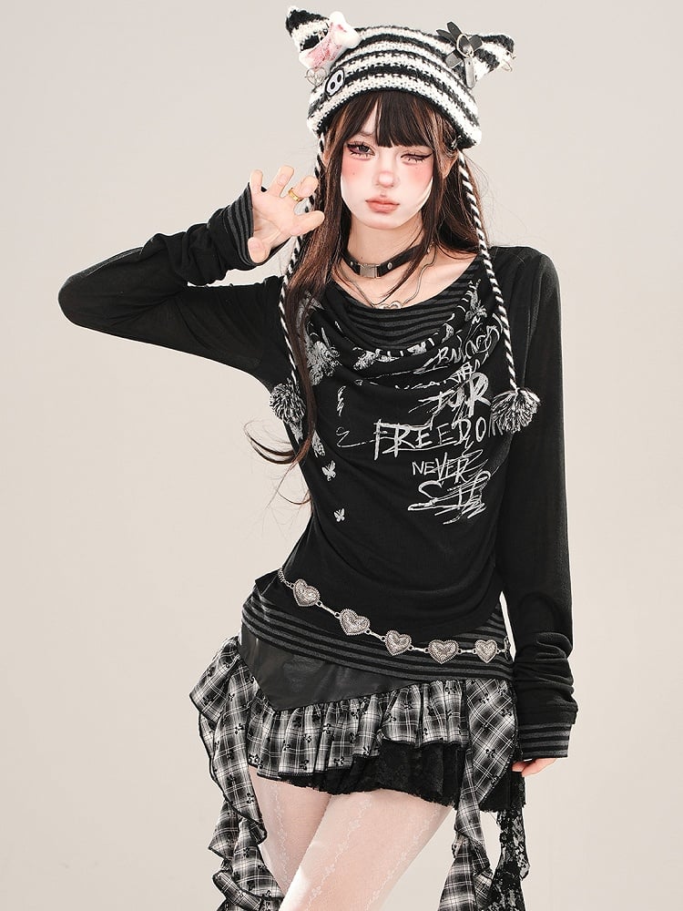 Aprikose/Schwarzes zweiteiliges, gestreiftes Langarm-Oberteil mit grafischem Netzstoff