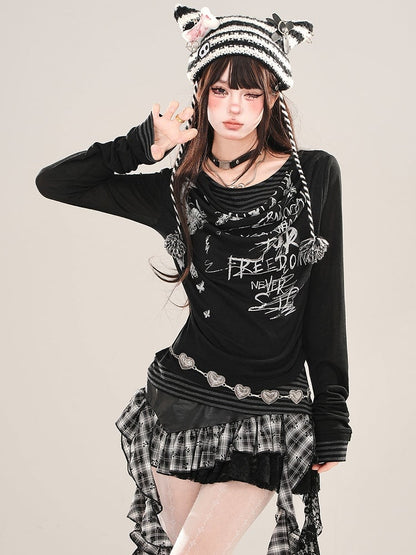 Aprikose/Schwarzes zweiteiliges, gestreiftes Langarm-Oberteil mit grafischem Netzstoff