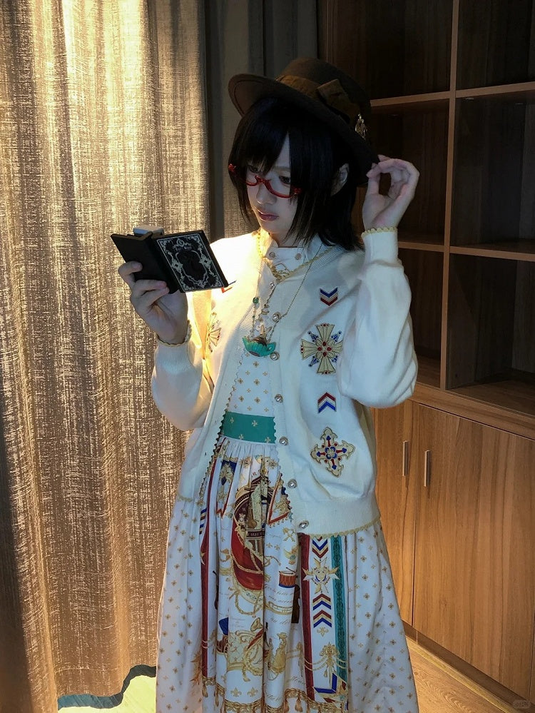 White Musical Print Elegant Lolita Jumper Skirt - Crucis Universal Tailor Company