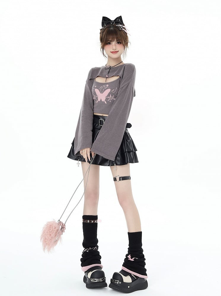 Gray Knit Bolero with Butterfly Print Camisole Ensemble - CRAZY GIRL