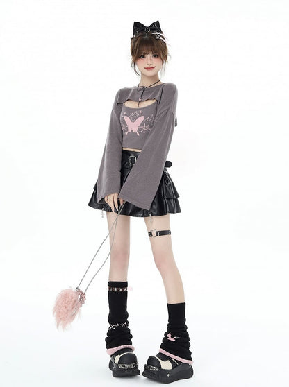 Gray Knit Bolero with Butterfly Print Camisole Ensemble - CRAZY GIRL
