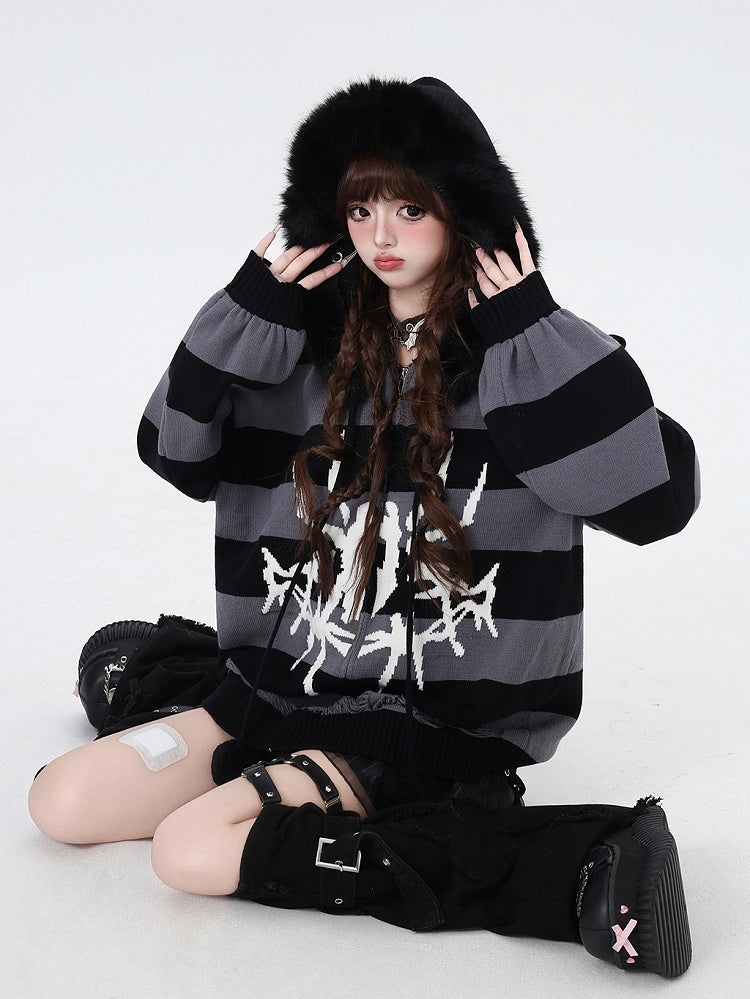 Hooded Striped Gray Fur Detachable Faux Zip Trim Punk Black with Sweater