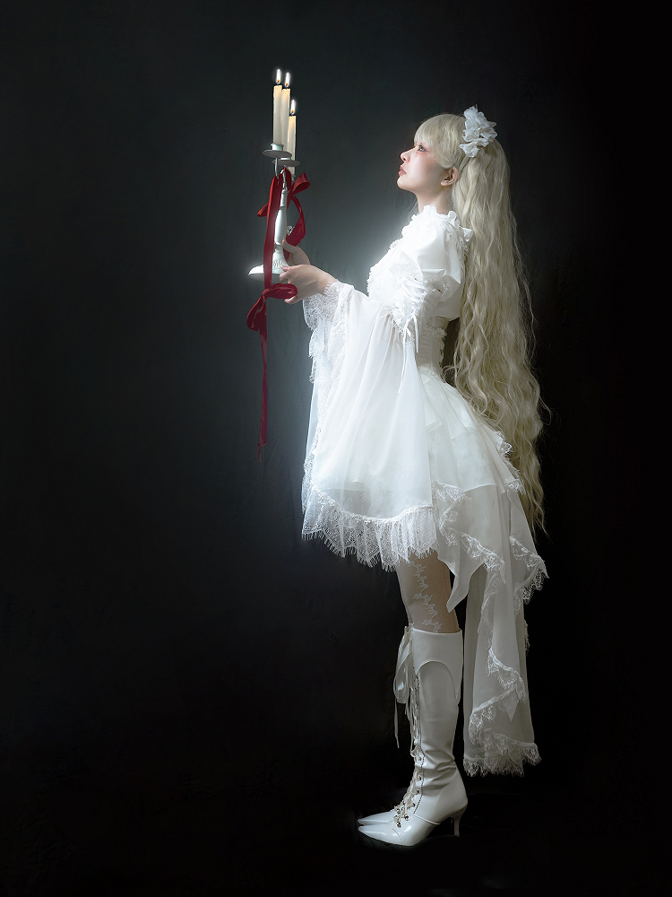 with Cascading Gothic White Butterfly Accents Ruffle Train Red Bead Lolita + Choker