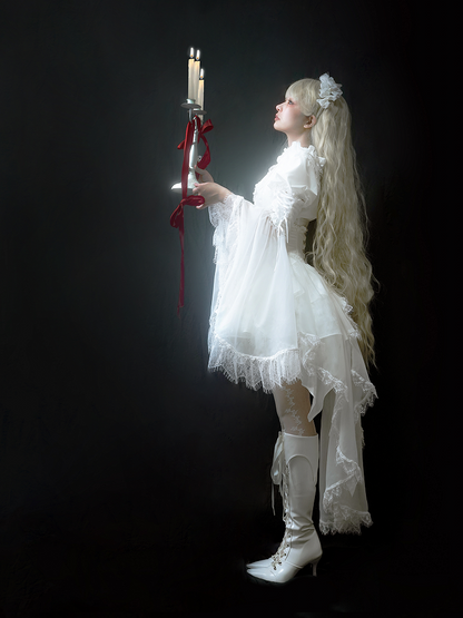 with Cascading Gothic White Butterfly Accents Ruffle Train Red Bead Lolita + Choker