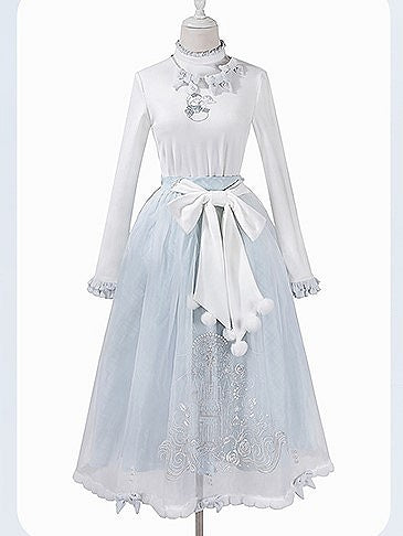 Embroidered Lolita Skirt Winter Set Snowman Blue White Coat Top Elegant + Knitted Castle