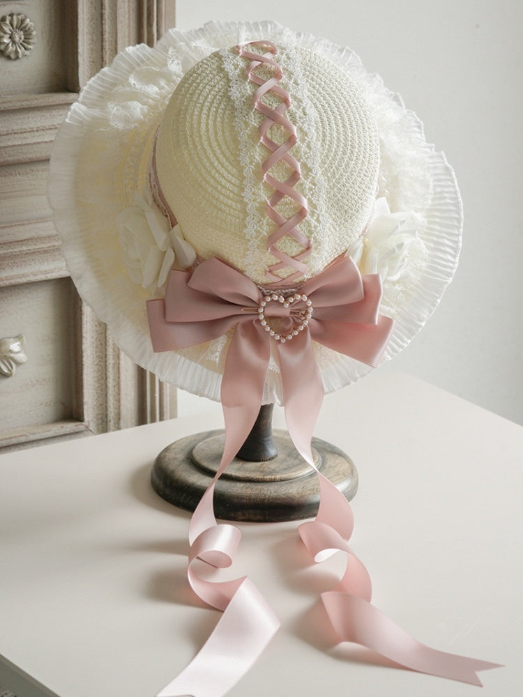 with – 5 Lace-Trimmed Bows Flowers Lolita Straw Options Hat Color and