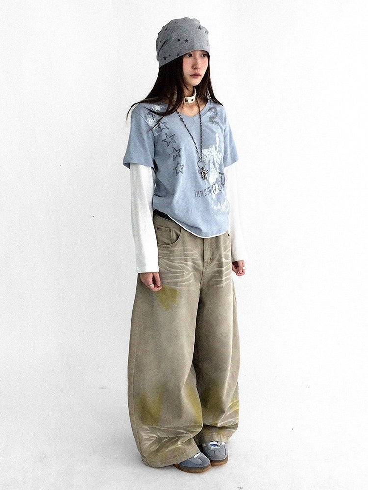 Washed Faded Light Yellow Wide-Leg Jeans with Graffiti Details