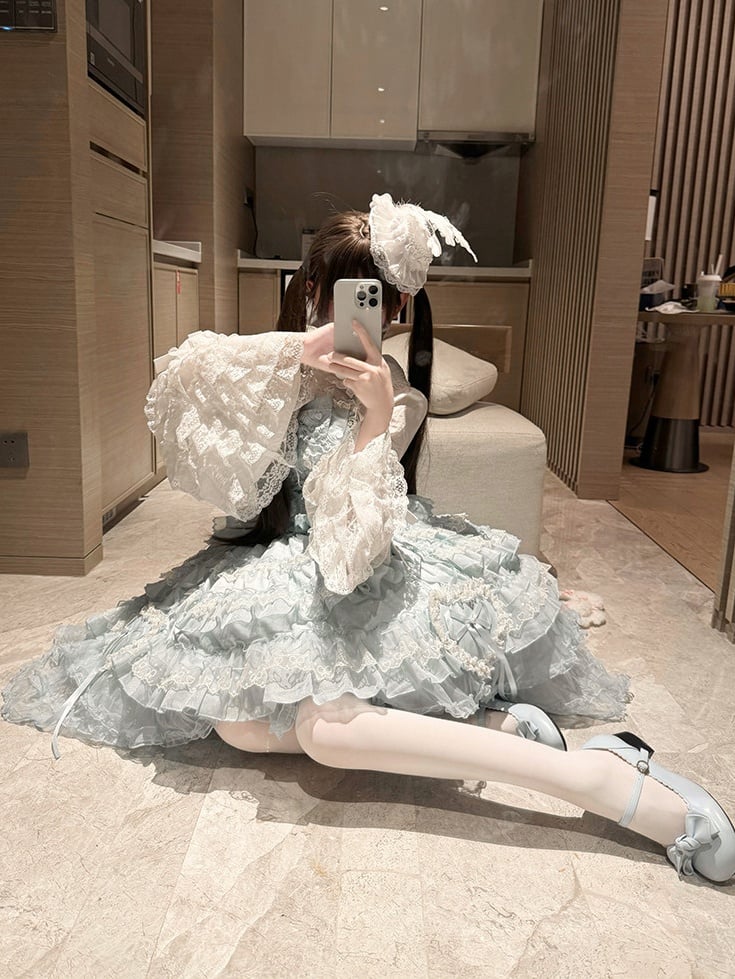 JSK with Dress Accents Multi-Layered Lace Blue Lolita Bow Princess Ruffle Sweet
