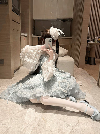 JSK with Dress Accents Multi-Layered Lace Blue Lolita Bow Princess Ruffle Sweet
