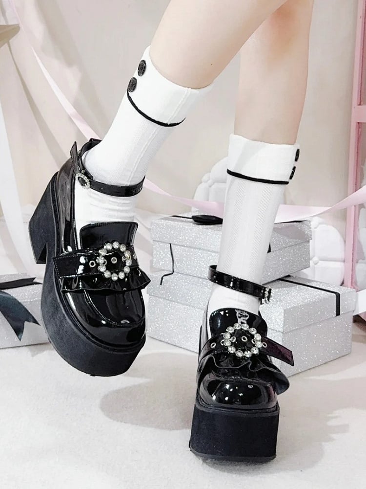 Jirai High 9CM Schwarze Block-Plateauschuhe mit poliertem Knöchelriemen und Kei-Absatz