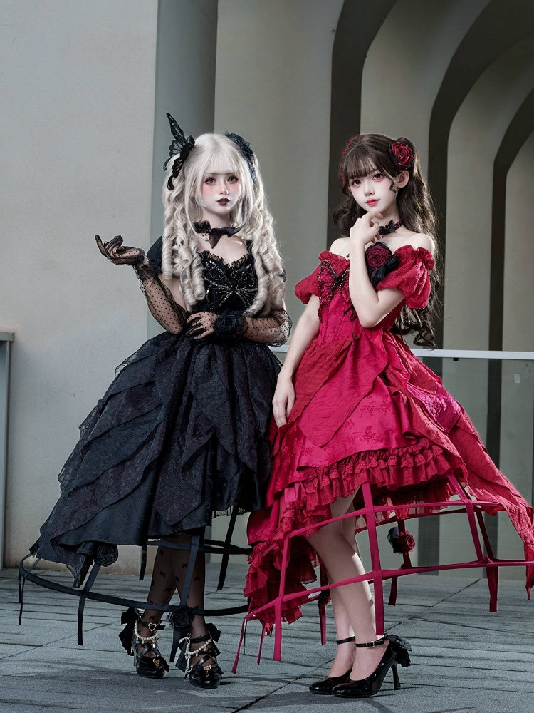 Butterfly Motif Puff Sleeve Lolita Top and Asymmetrical Hem Skirt Set in Black - Sweet Wood Lolita