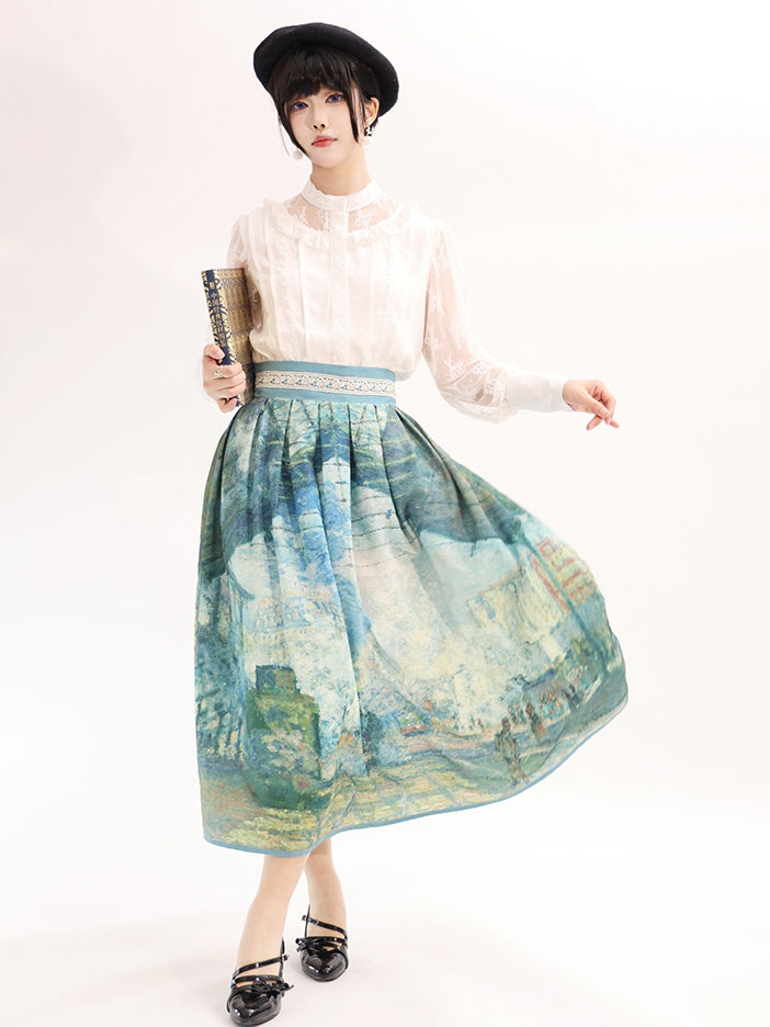 サン・ラザール油絵プリント グリーンウエストスカートバージョン ガレ ロング/ショート ハイ
