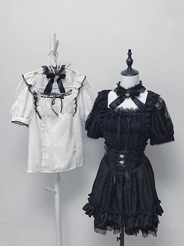 Shoulder Square Black Set: Color Corset Jirai Kei + Blouse Skirt Lace-Up Neck Style Cutout All