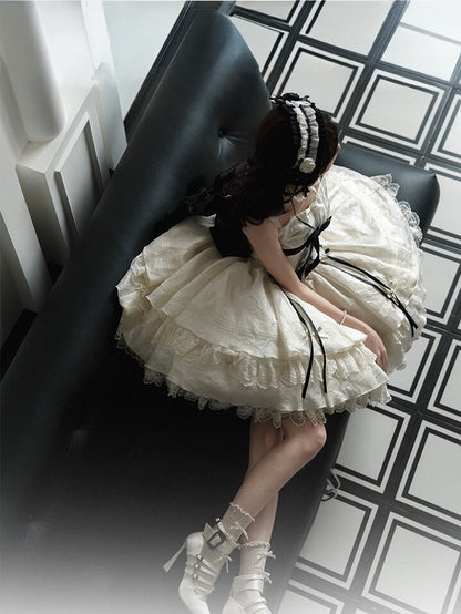 Apricot Lace-Trim JSK Dress with Black Bows - Die Die Zi