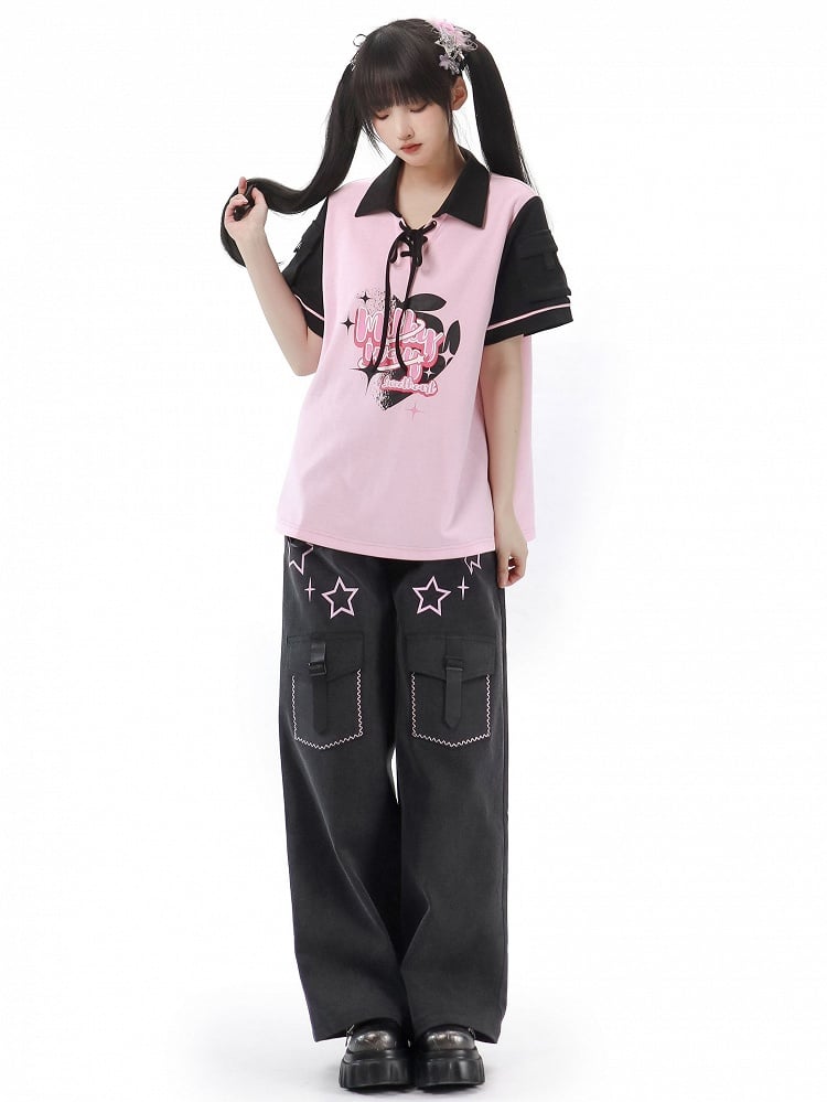 Black T-shirt Pink Detail and Lace-up Graphic