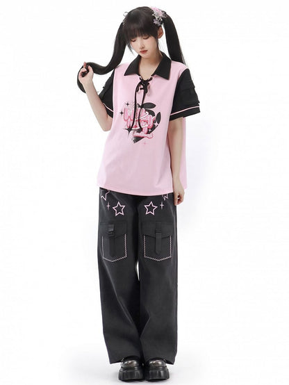 Black T-shirt Pink Detail and Lace-up Graphic