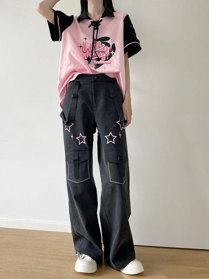 Black T-shirt Pink Detail and Lace-up Graphic