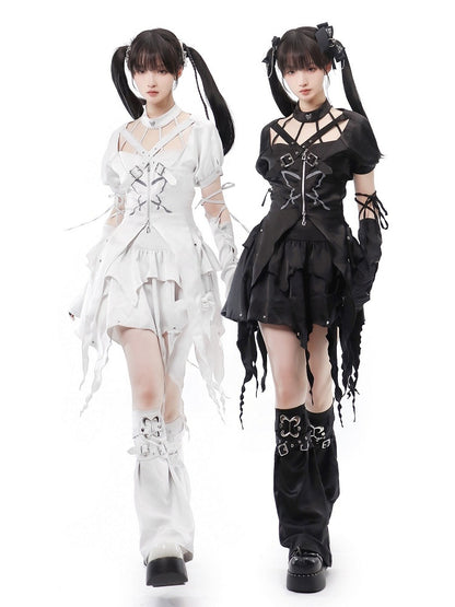 バックル付きブラック/ホワイトストラップデザインレッグウォーマー