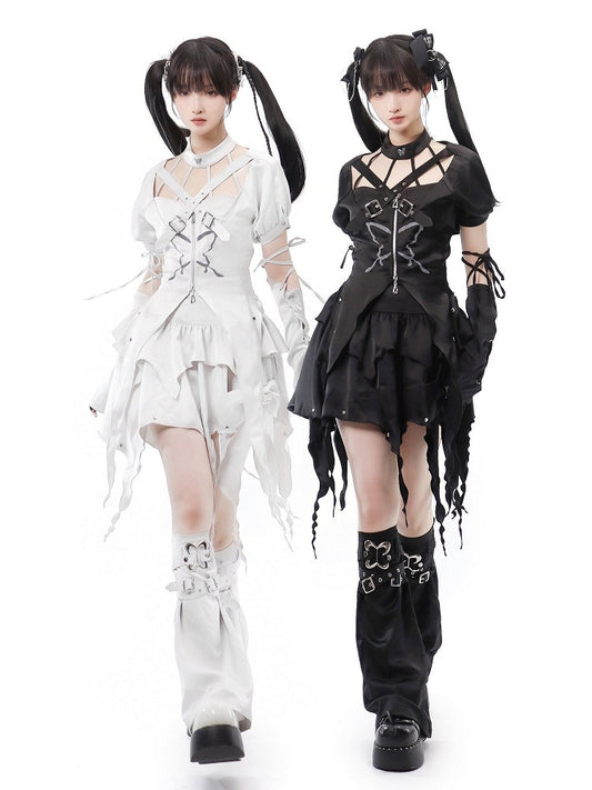 バックル付きブラック/ホワイトストラップデザインレッグウォーマー