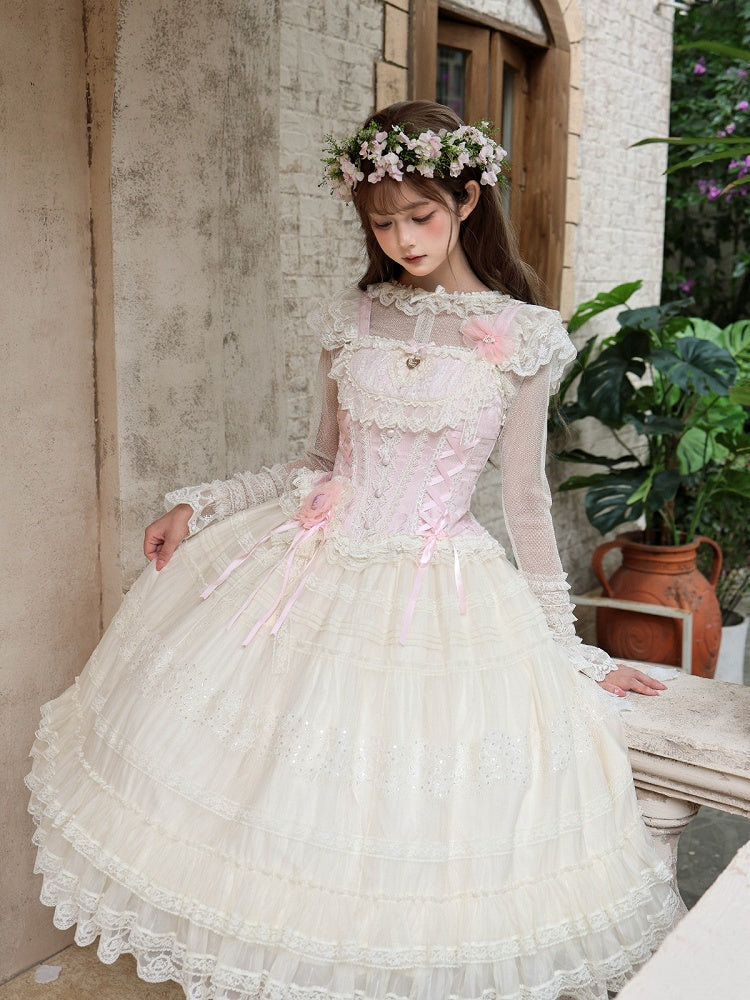 Sweet Lolita Princess Set with Lace, Floral, Pink & White Top & Skirt - Twilight Flower Letter