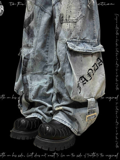 and Blue Distressed Cargo Wide-Leg Edgy with Pockets Jeans Graffiti Accents