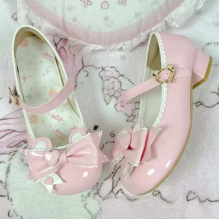 in Bear Closure Lolita Pink Ear Low-heel with PU Top Mary Bow Sweet Teddy Janes