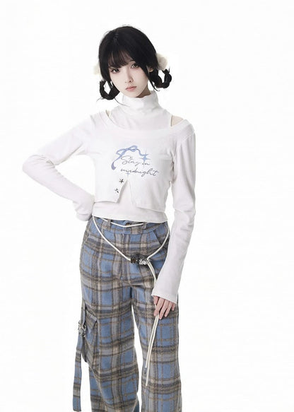 White High Neck Top with Bowknot Cropped Top Set