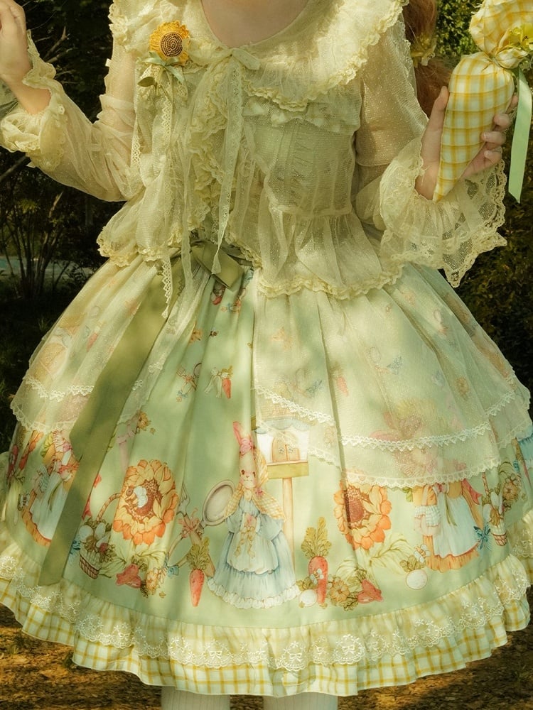 Overlay Plaid Dress Green Hem Bunny Print Lolita JSK Sweet Sunflower and with