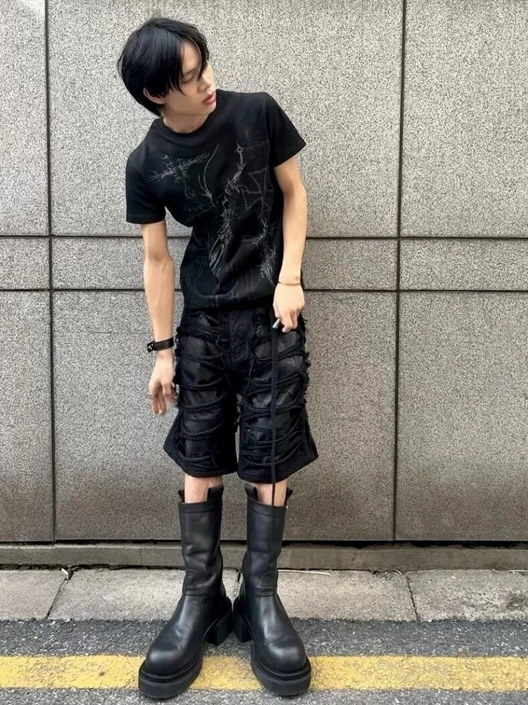 Punk Black Genderless Double-Neck T-Shirt with Cross Print - DETW OnLine