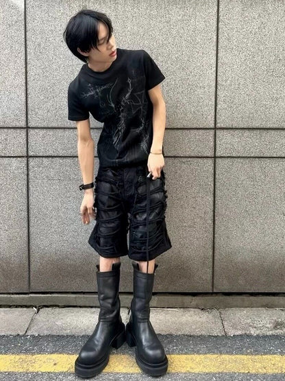 Punk Black Genderless Double-Neck T-Shirt with Cross Print - DETW OnLine