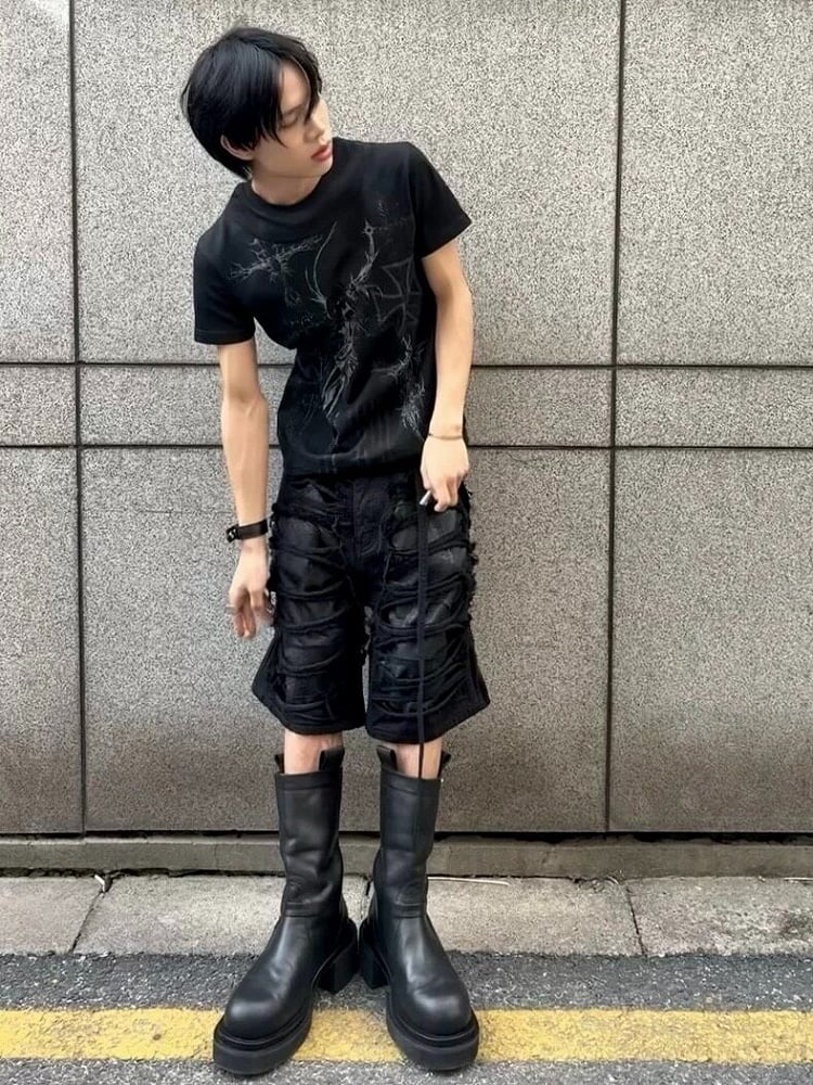 Edgy Genderless Black Double Collar Tee with Cross Graphic - DETW OnLine
