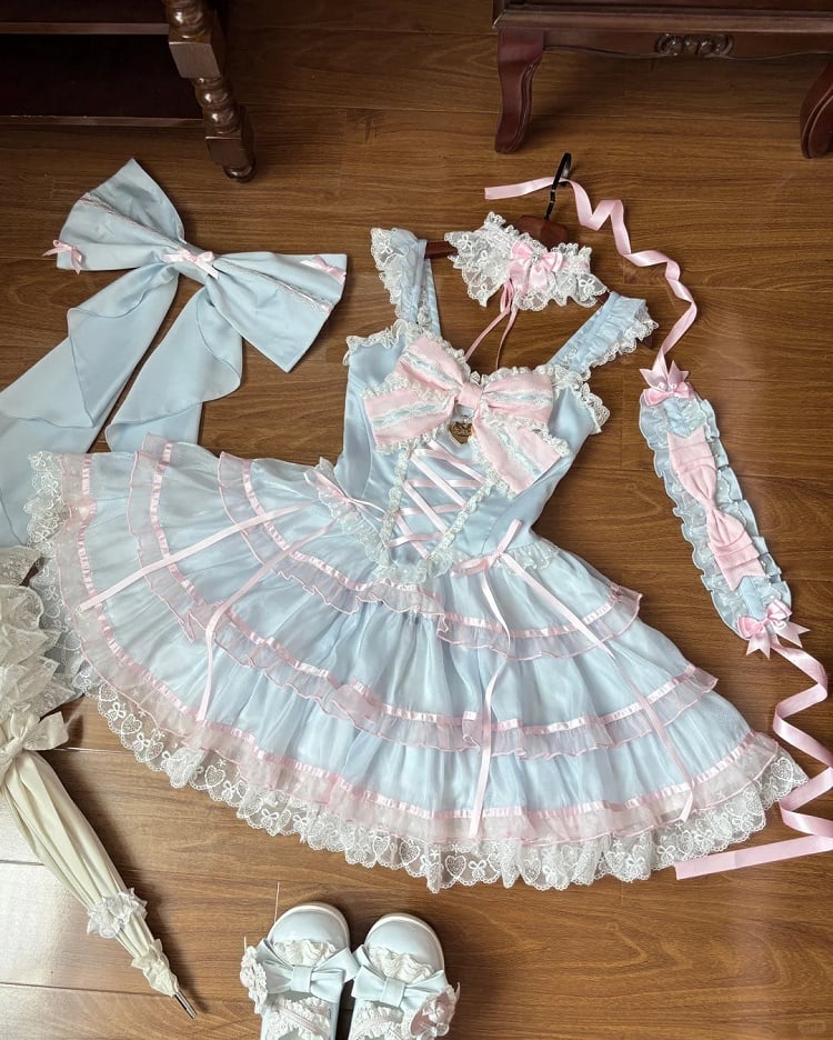 Skirt and Pink Blue Jumper Skirt Hime Lolita Dress Flutter Sleeves Tiered