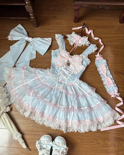 Skirt and Pink Blue Jumper Skirt Hime Lolita Dress Flutter Sleeves Tiered