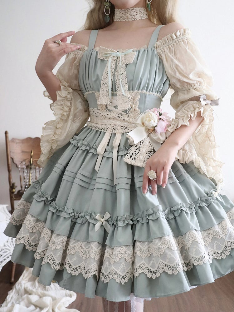 Light Jumper Skirt Ruffle Green Summer Trim Pleated and Lolita