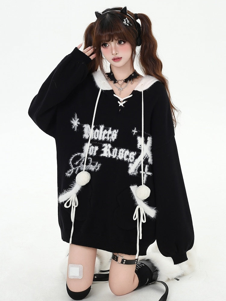 Black Letters Pattern Hooded V-neck Loose Sweater