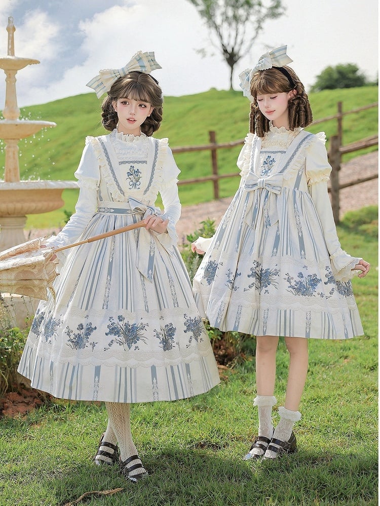Long Blue & White Striped Floral Embroidered JSK Set with Knit Top, Belt & KC - With PUJI