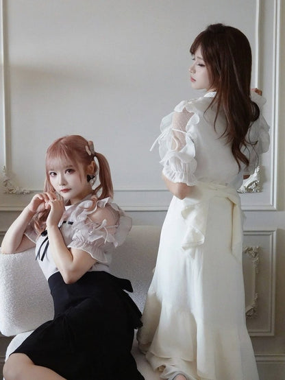 Plus Size White Seiso-kei Cutout Shoulder Blouse with Tulle Panel and Ruffle Accents - Smyster